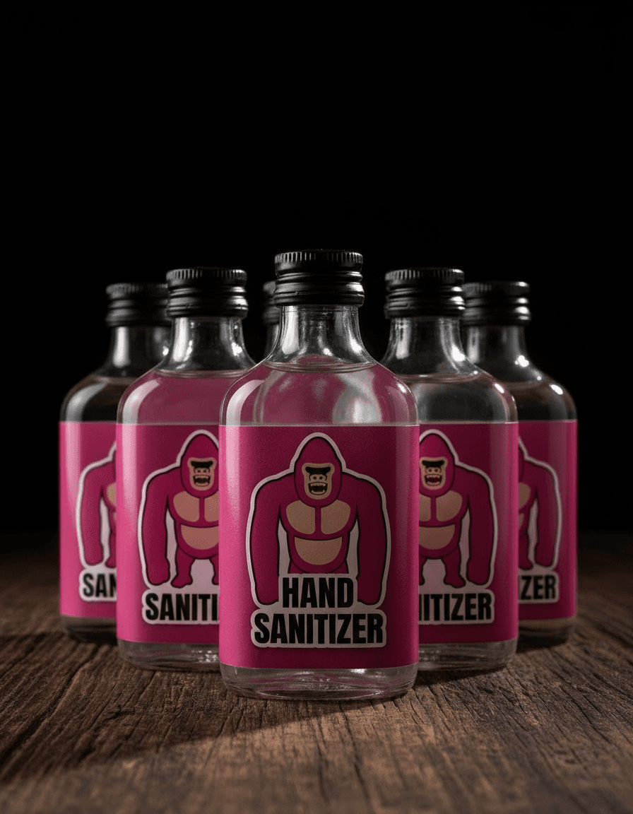 A tight cluster of PYNK GORILLA hand sanitizer bottles on a dark wood surface against a black background