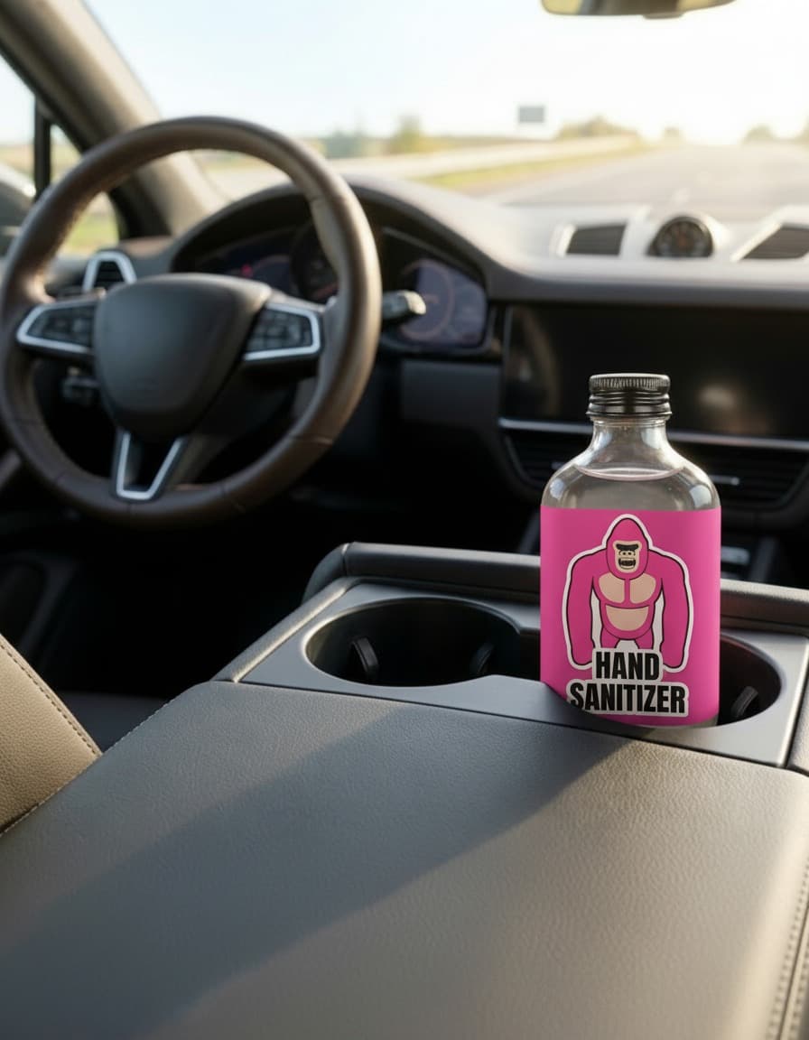 PYNK GORILLA sanitizer in a car cupholder