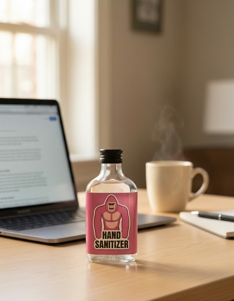 PYNK GORILLA sanitizer on a desk next to a laptop and coffee