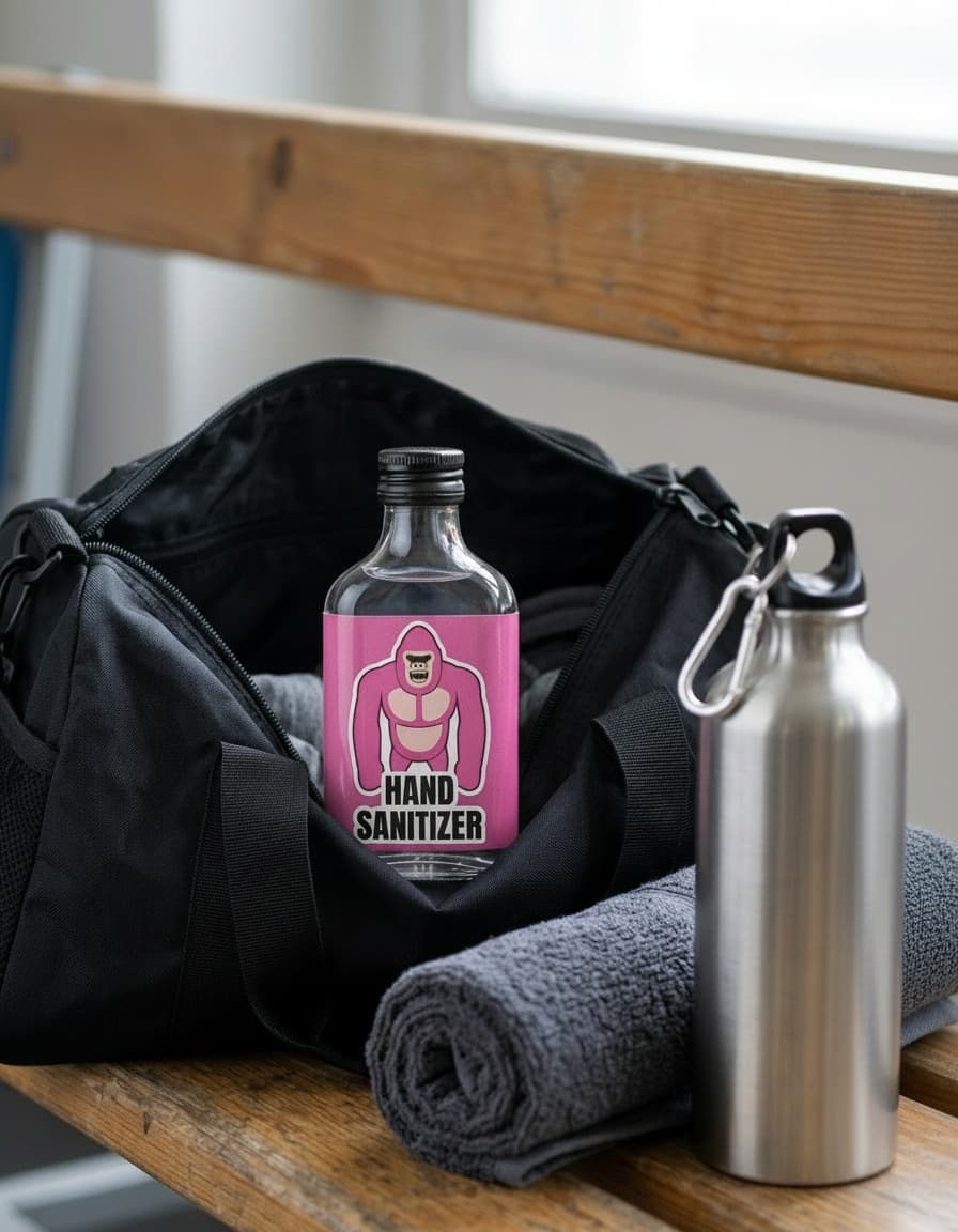 PYNK GORILLA sanitizer tucked in an open gym duffel bag next to a towel and water bottle